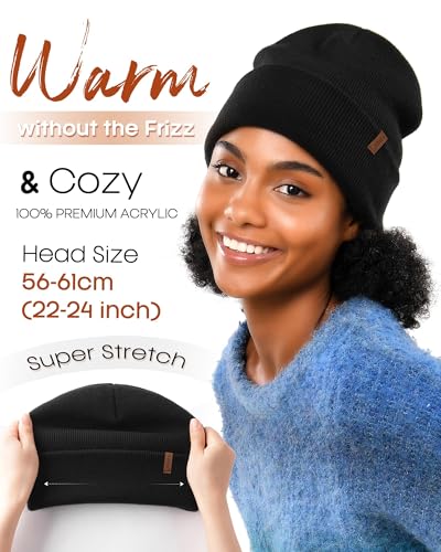 FURTALK Satin Lined Beanie for Women Men Knit Beanie Hat Acrylic Winter Hats Warm Slouchy Skull Cap - color: Black