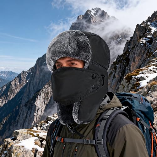 mysuntown Winter Hats for Women Men Trapper Ushanka Hat with Ear Flaps - color: Black
