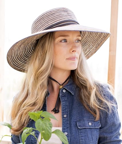 Sloggers Women's Wide Brim Braided Sun Hat with Wind Lanyard - UPF 50+ Maximum Sun Protection - color: Earth Brown