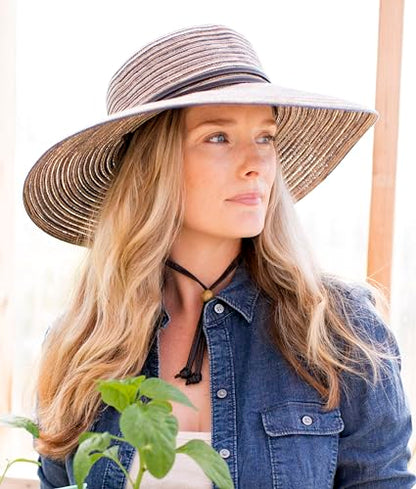Sloggers Women's Wide Brim Braided Sun Hat with Wind Lanyard - UPF 50+ Maximum Sun Protection - color: Earth Brown