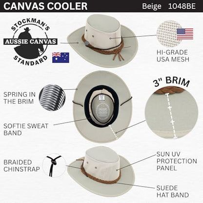 1048 Canvas Cooler - Australian Drover Sun Hat - Durable Canvas, Airflow Mesh, Lightweight, Wide Brim - color: Khaki, size: Small