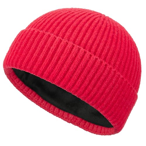 Short Wool Fisherman Beanie for Men Women Fleece Lined Winter Hat - color: 1pcs Red