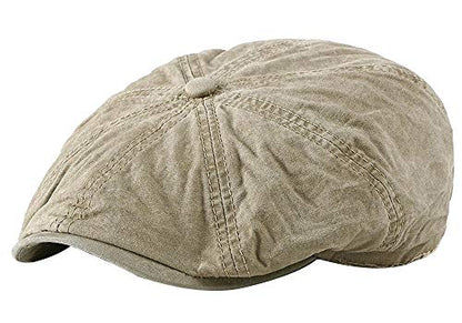 Mens 8 Panel Washed Cotton Newsboy Cap, Outdoor Sun Protection Flat Cap - color: Khaki