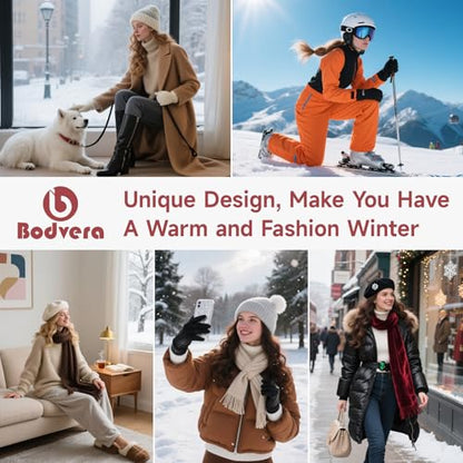 Womens Winter Beanie Hat Scarf Set,Thermal Fleece Lined Women Beanie with Pom Warm Knitted Neck Scarf Cold Weather
