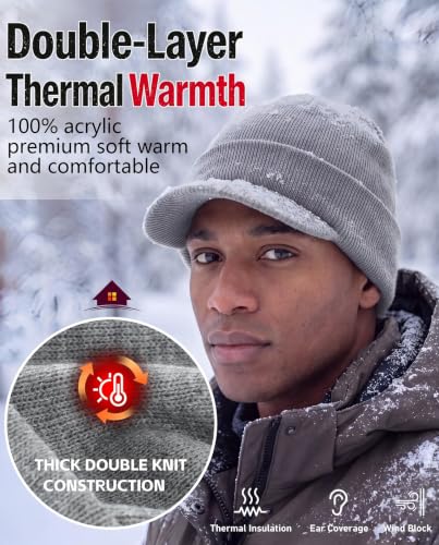 Home Prefer Men's Winter Beanie Hat with Brim Warm Double Knit Cuff Beanie Cap Watch Radar Hat - color: Light Gray