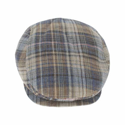 Hats in the Belfry Italia Men's Flat Cap, 100% Linen, Blue Brown Cream Plaid, Made in Italy, Newsboy Style, Casual Wear - color: Blue Plaid, size: Small