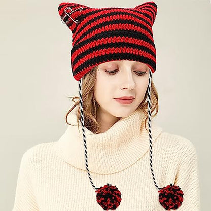 XYIYI Crochet Hats for Women Fox Knit Hat with Pompoms Grunge Goth Accessories Slouchy Beanies for Women Girls - color: Black Red