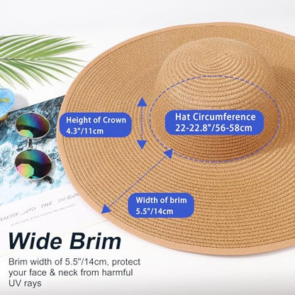AQOKKA Sun Hats for Women Big Straw Wide Brim Summer Beach Hat Floppy Foldable Roll up Cap for Outdoor UPF 50+ - color: Wide Brim : Khaki