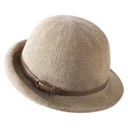 Women Beach Cloche Sun Bucket Hat Rolled Church Hat Folded Shipping - color: Belt/Khaki