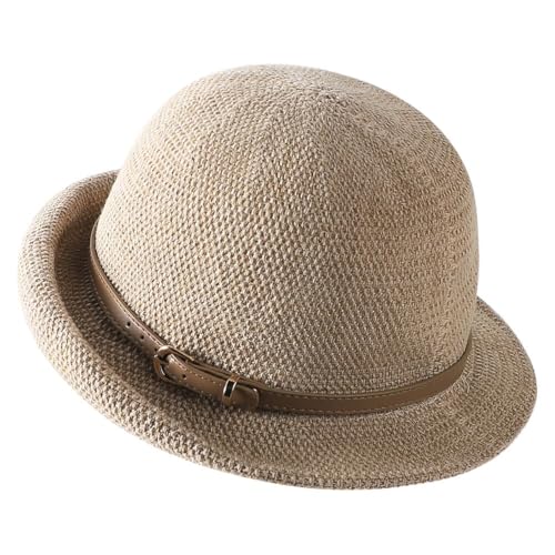 Women Beach Cloche Sun Bucket Hat Rolled Church Hat Folded Shipping - color: Belt/Khaki