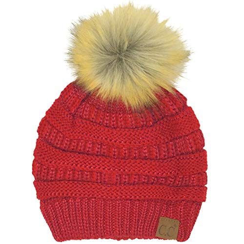 C.C Fur Pom Winter Fall Trendy Chunky Stretchy Cable Knit Beanie Hat - color: Metallic Red