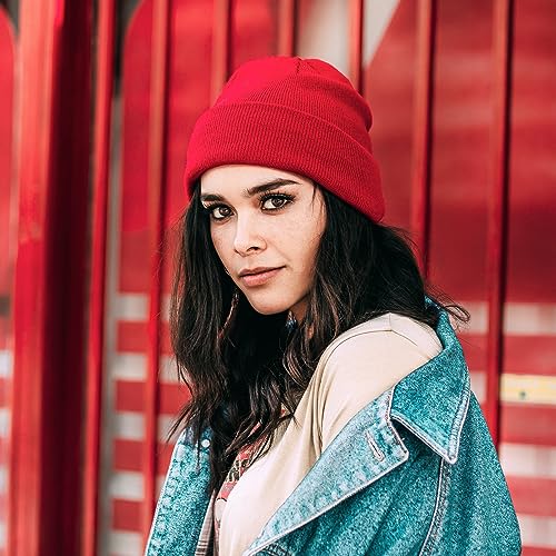 ZOORON Beanie for Men Women Warm Winter Hat Unisex Soft Knit Cuffed Beanie - color: Red1