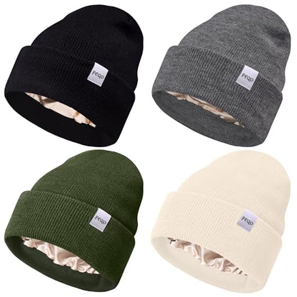 FEQO 4 Pack Satin Lined Winter Beanie Hats Soft Silk Lined Beanies - color: Black, Dark Grey, Pine Green, Beige