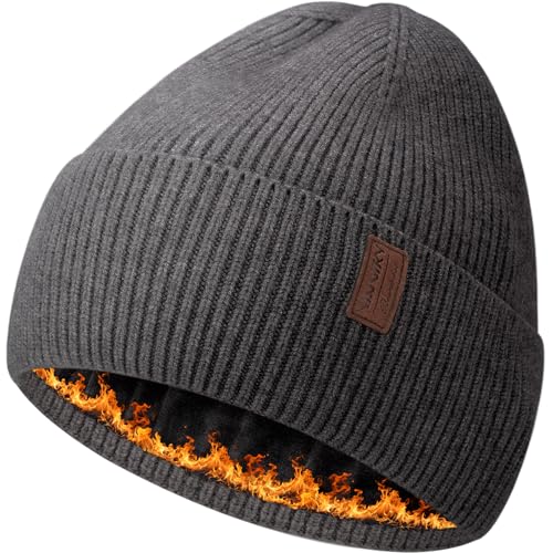 Fleece Lined Winter Beanie for Men Women Warm Windproof Beanies Hats Thick Knit Winter Hat for Cold Weather - color: Slate Gray