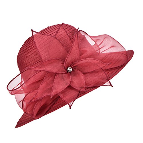 Womens Wedding Occasion Floral Wide Brim Church Dressy Sun Hat A323 - color: Wine
