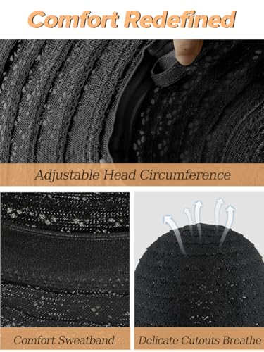 Sun Beach Hats for Women Summer Floppy Wide Brim Sunhat Packable Foldable Lace Travel Vacation - color: Black, size: Medium