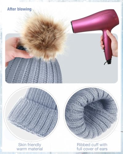 Haysandy 6 Pcs Winter Beanie Hat Gloves Set for Women Warm Knitted Hat Skull Cap with Pom Pom and Touchscreen Glove for Women - color: Beige, Pink, Grey