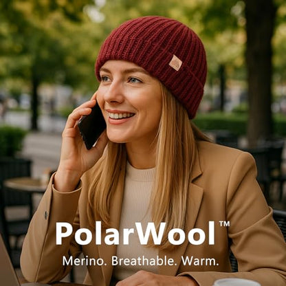 PolarWool™ L/XL/XXL Merino Wool Waffle Fisherman Beanie Watch Cap Dual-Layer 2 Styles Warm Winter Knit Hat for Men Women - color: Burgundy(ember), size: X-Large-XX-Large