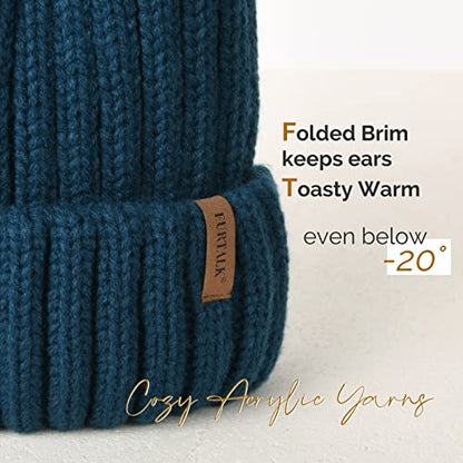 FURTALK Womens Winter Knitted Beanie Hat with Faux Fur Pom Warm Knit Skull Cap Beanie for Women - color: Wood Blue