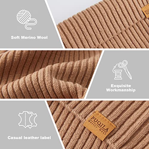 100% Merino Wool Cuff Beanie Hat, Unisex Warm Winter Caps Soft, Breathable & Cozy Stretchy Knitted Cuffed Cap - color: Camel