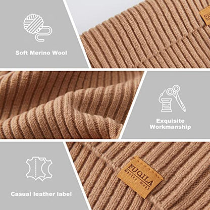 100% Merino Wool Cuff Beanie Hat, Unisex Warm Winter Caps Soft, Breathable & Cozy Stretchy Knitted Cuffed Cap - color: Camel