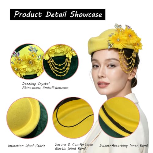 Women's Retro British Felt Headscarf Hat Church Derby Headdress with Floral Women's Soft Beret - color: 02 Lemon Yellow