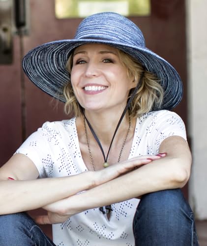 Sloggers Women's Wide Brim Braided Sun Hat with Wind Lanyard - UPF 50+ Maximum Sun Protection - color: Blue