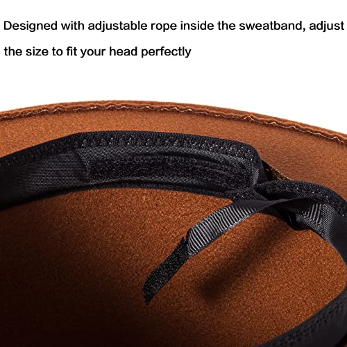 Felt Wide Brim Fedora Hats for Women Men, with Band Belt Buckle, Adjustable - color: P16 Dark Camel