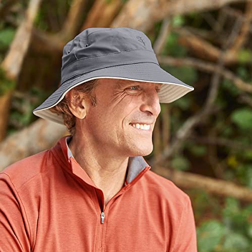 Coolibar UPF 50+ Men's Nate Chlorine Resistant Bucket Hat - Sun Protective - color: Stone/Carbon, size: Large-X-Large