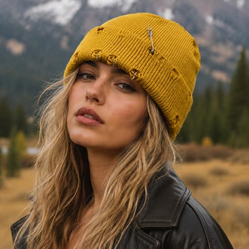 Distressed Ring Beanie Hat for Women Men Slouchy Skull Cap - color: Yellow