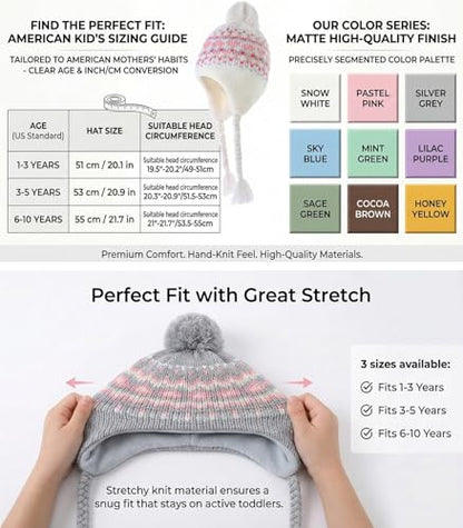 Moon Kitty Girls Knit Hats Winter Fleece Lining Skiing Winter Caps with Warm Ear Flap - color: Gray+pink, size: 6-10 Years