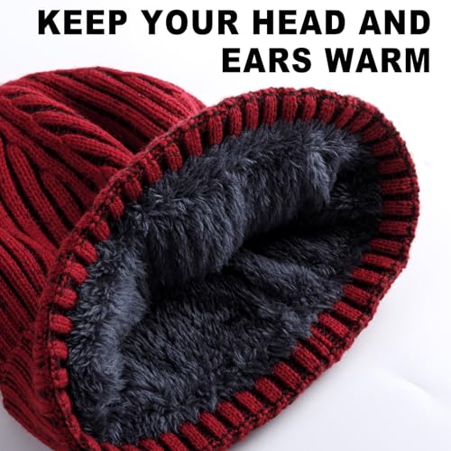 HONGTEYA 3 Pack Winter Beanie for Men Women, Thicken Thermal Plush Lined Beanie Fashion Warm Knit Hat for Cold Weather - color: Black+gray+wine Red