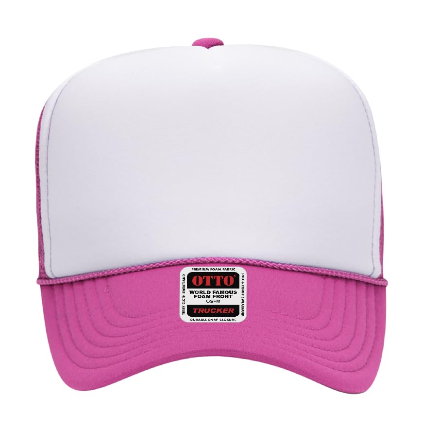 Otto Cap 5-Panel High Crown Mesh Back Trucker Hat - color: Hot Pink/White