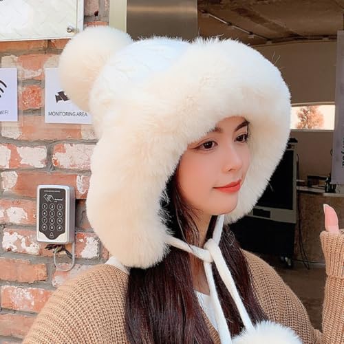 Winter Pompom Beanie Hats for Women Fluffy Knit Skull Cap Womens Faux Fur Crochet Warm Bucket Outdoor Ear Cover - color: White