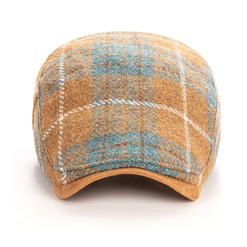Men Wool Blend Flat-Top Tweed Newsboy Hat/Ivy Cap/Adjustable Plaid Driver's Hat - color: Khaki