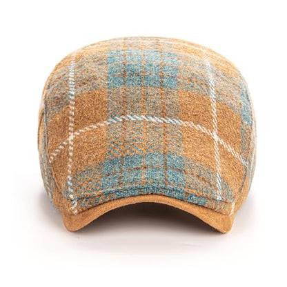 Men Wool Blend Flat-Top Tweed Newsboy Hat/Ivy Cap/Adjustable Plaid Driver's Hat - color: Khaki