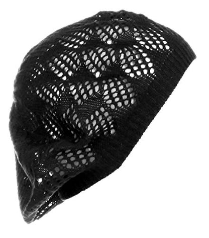 an Womens Lightweight Cut Out Knit Beanie Beret Cap Crochet Hat - Many Styles - color: Black Mini Square