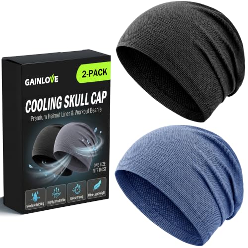 2 Pack Cooling Skull Cap for Men Women, 3D Mesh Sweat Wicking Beanie - color: Black+blue