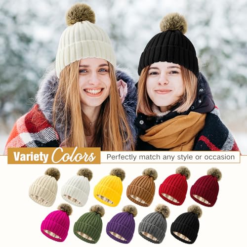 Satin Lined Beanie for Women Knit Winter Hats Silk Lined Womens Beanie with Detachable Pom Pom - color: A Beige