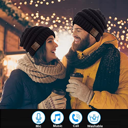 Wireless Music Beanie Hat for Men Women Unisex Winter Warm Soft Knit Cap Beanie with Wireless Headphone Headset Stereo HD Speaker Mic Boys Girls Tech hat - color: Black-02