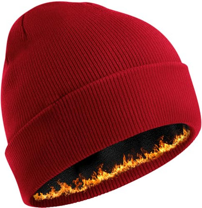 Fleece Lined Beanie for Men Women Knit Thick Warm Winter Beanies Hat - color: Red