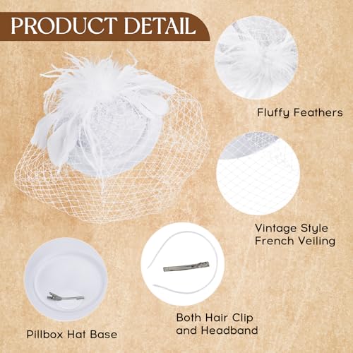 Fascinator Hat Veil Feather Fascinator Tea Party Bridal Wedding Veil Retro Hat Pillbox Hat - color: White