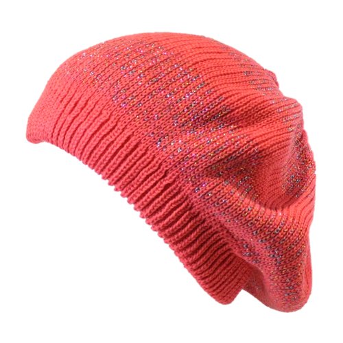 Morehats Women's Warm Metallic Stripe Knit Beret Hat - color: Pink