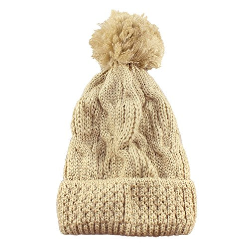 Morehats Thick Crochet Knit Pom Pom Beanie Winter Ski Hat - color: Beige