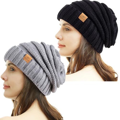 Womens Winter Beanie Warm Knit Hat Cable Stretch Trendy Ribbed Chunky Cap - color: Balck+light Gray