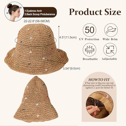Womens Beach Straw Hats Floppy Wide Brim Crotchet Sun Hat Foldable Packable Summer Outdoor Vacation Travel - color: Khaki 3