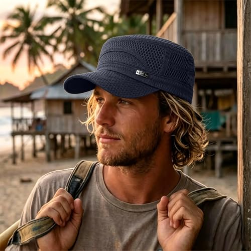 Mesh Flat Top Cadet Cap for Men Adjustable - color: Navy Blue