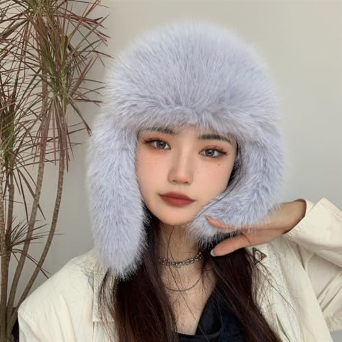 Luxurious Faux Mink Fur Ladies Trapper Hat，Pure Color Simplistic Women’s Winter Hat，Furry Ushanka Warm Hat - color: Light Blue