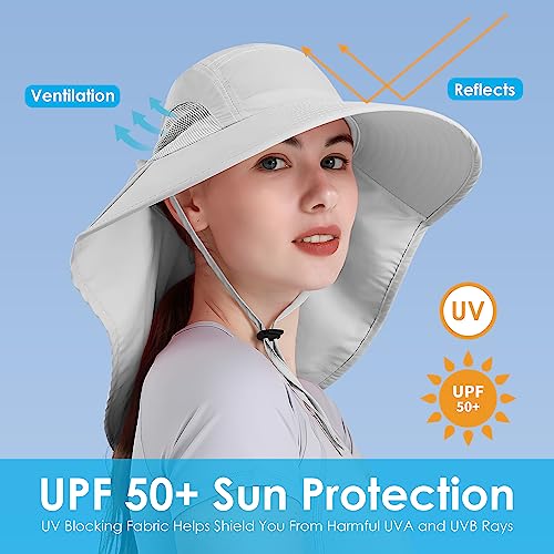 Womens Sun Hat UV Protection, Foldable Waterproof Wide Brim Bucket Hats with Neck Flap for Summer Beach Fishing Hiking - color: Light Grey
