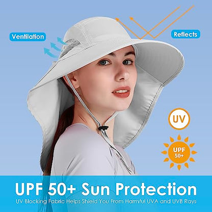 Womens Sun Hat UV Protection, Foldable Waterproof Wide Brim Bucket Hats with Neck Flap for Summer Beach Fishing Hiking - color: Light Grey